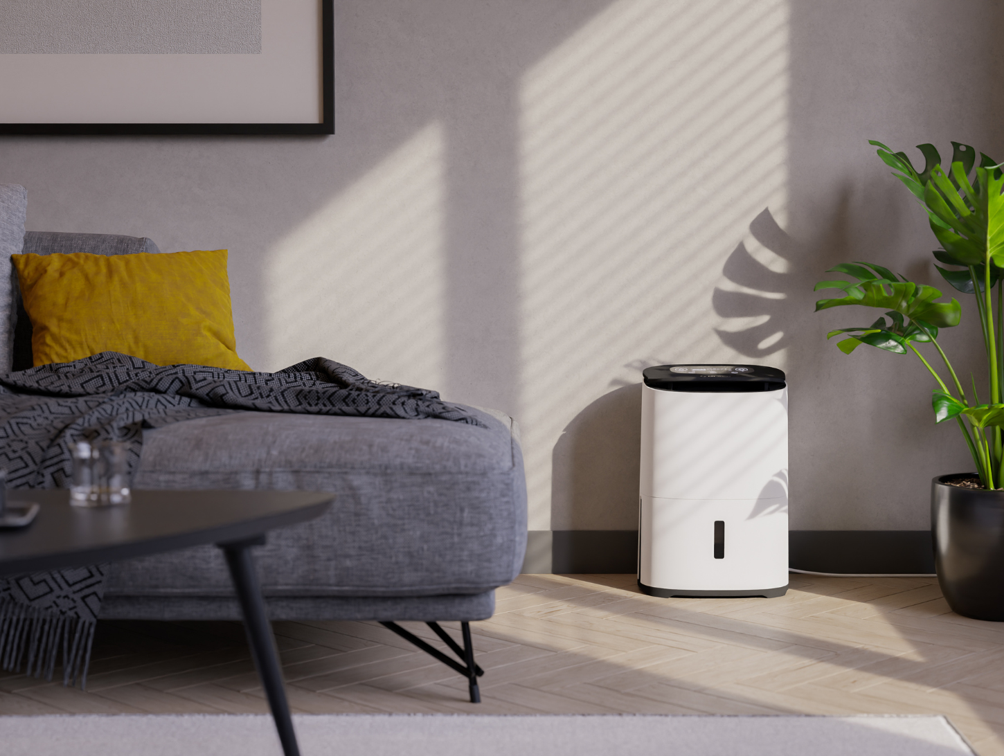 Aufstellung von zwei „meacodry arete“ Luftentfeuchtern und Luftreinigern im Wohnzimmer